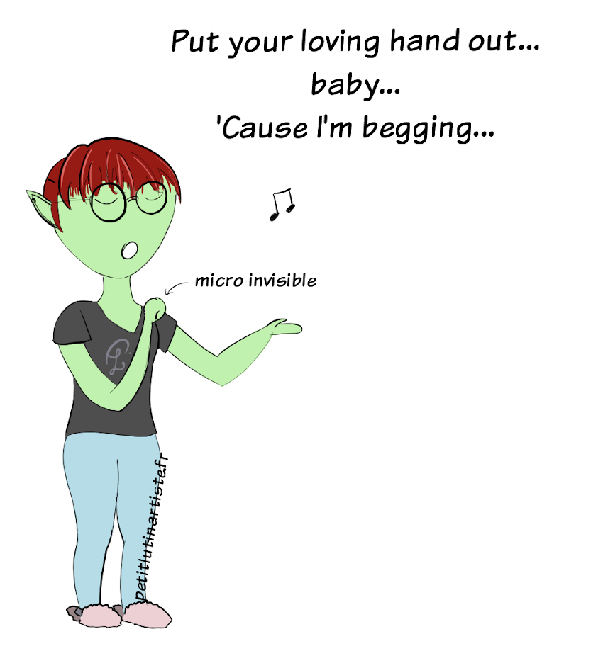 Petit Lutin, debout, chantant devant une foule imaginaire, chante le début de Beggin, une de leurs reprises : "Put your loving hand out... baby... 'Cause I'm begging..."