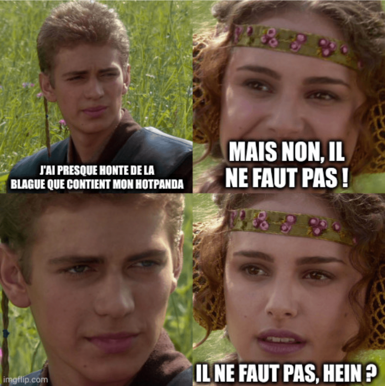 Anakin : "j'ai presque honte de la blague que contient mon HotPanda", Padme, souriante : "Mais non, il ne faut pas !", Anakin, regard sévère, Padme, regard inquiet :"Il ne faut pas, hein ?"