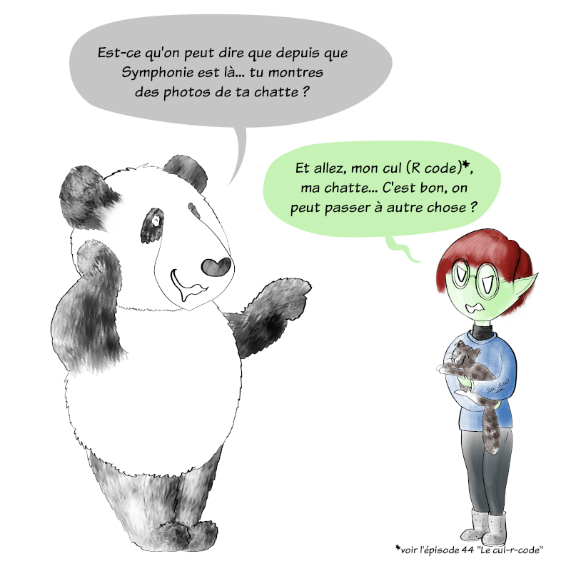 Moustache le panda, moqueur, demande à Petit Lutin : "Est-ce qu'on peut dire que depuis que Symphonie est là, tu montres des photos de ta chatte ?" ce à quoi elle répond, exaspérée, avec Symphonie, la chatte, dans les bras "et allez, mon cul-r code, ma chatte, c'est bon, on peut passer à autre chose ?"