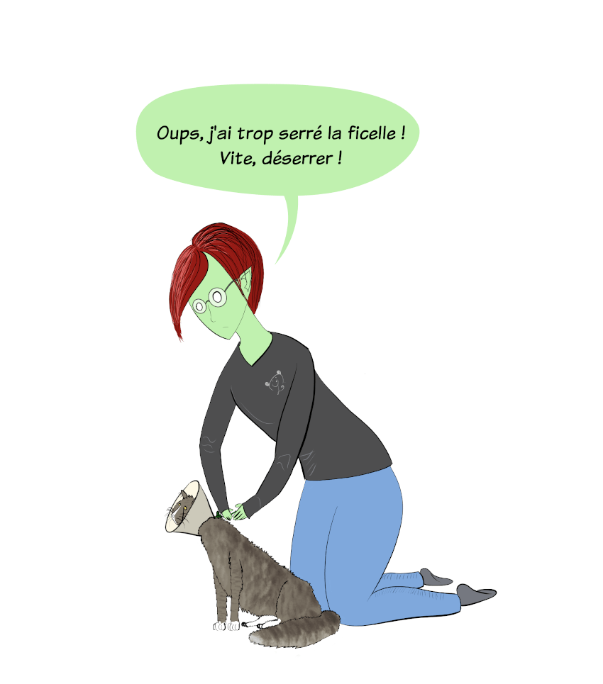 Mals en serrant la ficelle, elle se rend compte qu'elle a trop serré la collerette. Vite, déserrer !