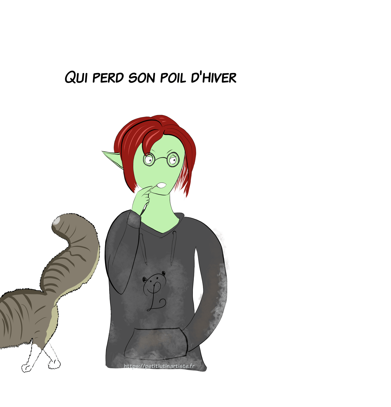 "qui perd son poil d'hiver". Petit Lutin enlève un poil de chat qui s'est coincé dans sa bouche