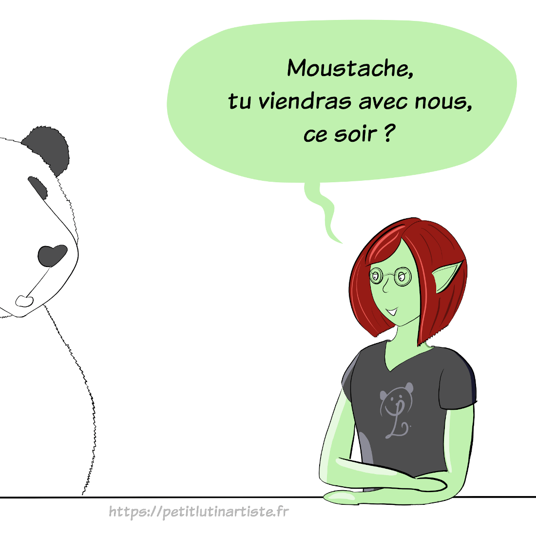 HotPanda intitulé "un peu de zététique" : Petit Lutin demande à Moustache le panda : "Alors Moustache, tu viendras avec nous ce soir ?"