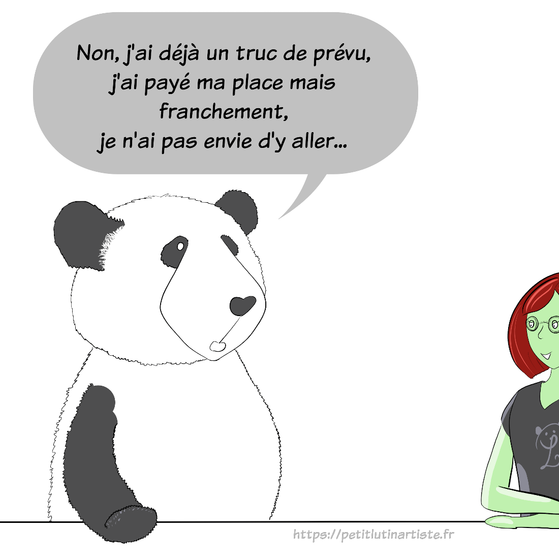 HotPanda intitulé "les coûts irrécupérables zététique" : Moustache le panda répond : "Non, j'ai déjà un truc de prévu, j'ai payé ma place, mais franchement, je n'ai pas envie d'y aller..."