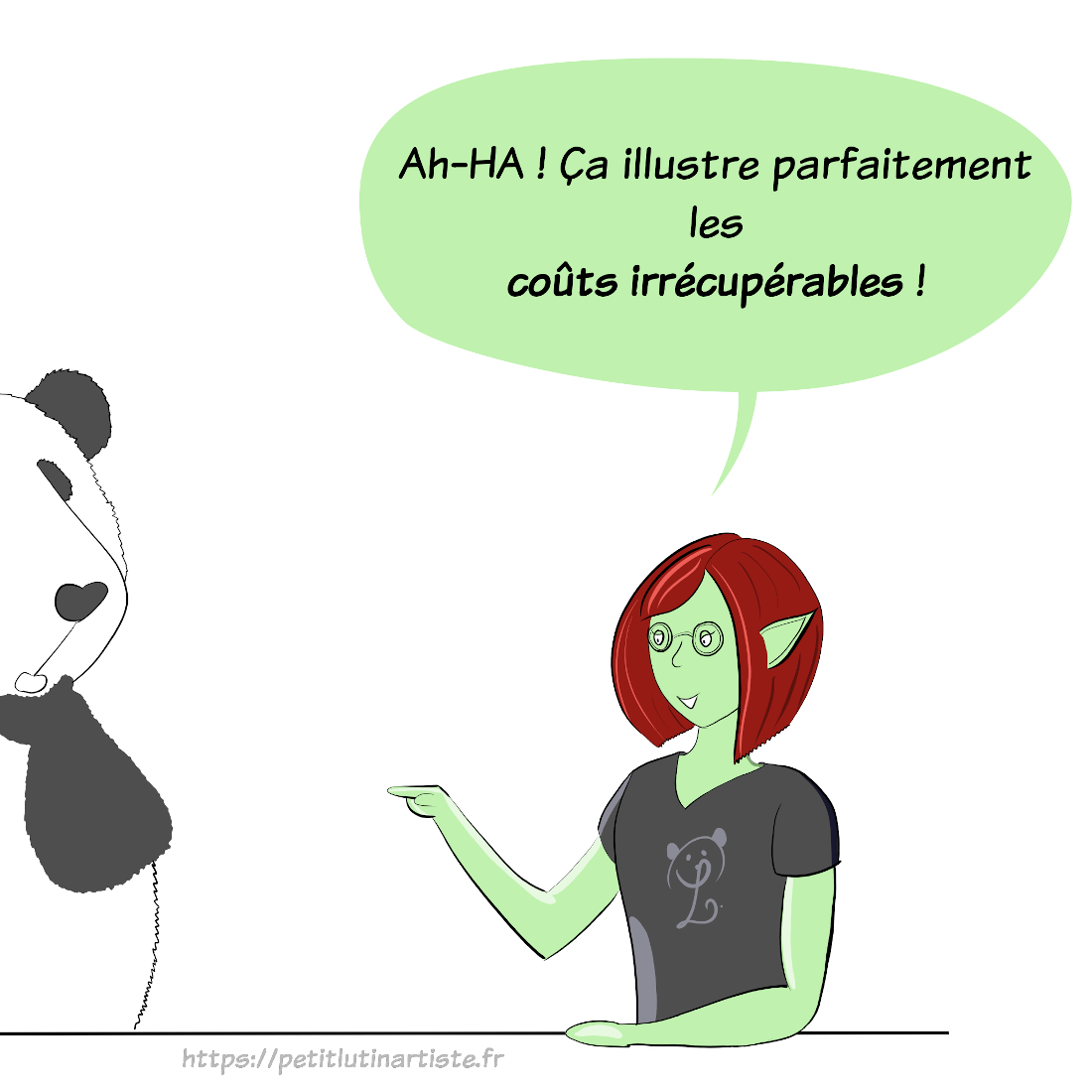 HotPanda intitulé "les coûts irrécupérables en zététique" : Petit Lutin le pointe du doigt en rétorquant :"Ah-HA ! Cela illustre parfaitement les coûts irrécupérables !"