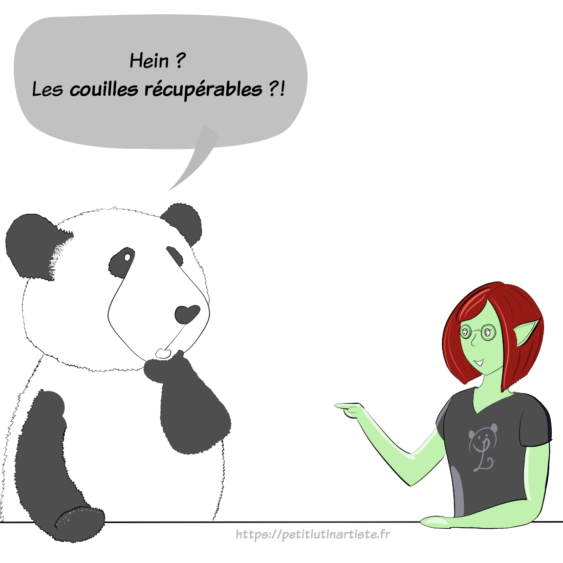 HotPanda intitulé "les coûts irrécupérables en zététique" : Mais Moustache le panda chaud lapin a mal compris, alors il répète : "Hein ? Les couilles récupérables ?!"