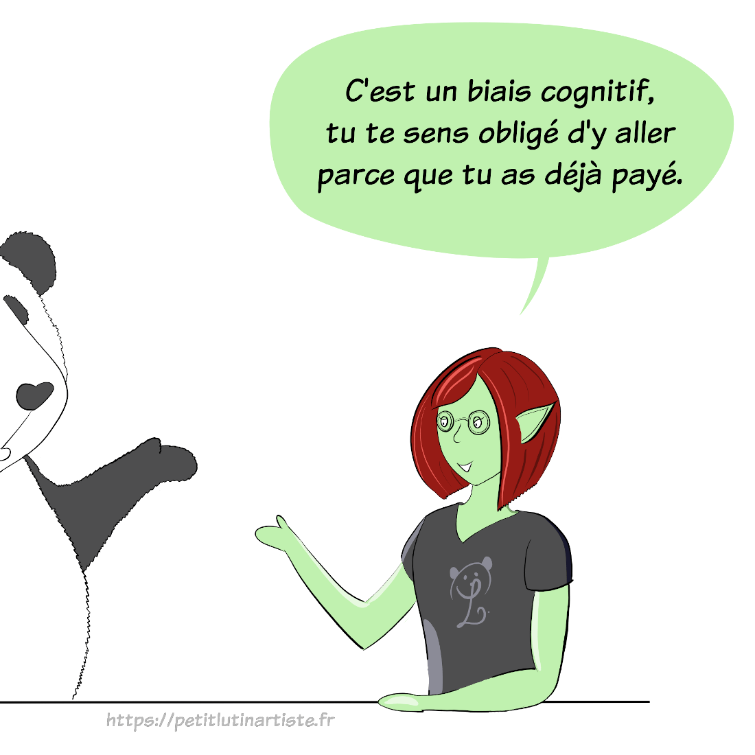 HotPanda intitulé "les coûts irrécupérables en zététique" : Petit Lutin explique que "c'est un biais cognitif, tu te sens obligé d'y aller parce que tu as déjà payé"