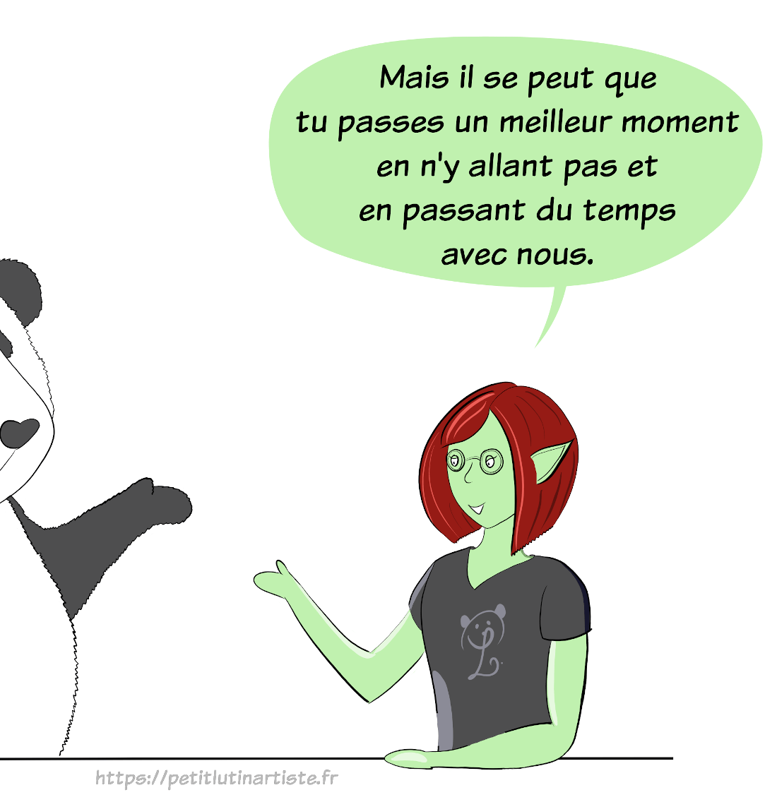 HotPanda intitulé "les coûts irrécupérables en zététique" : Petit Lutin continue son explication "Mais il se peut que tu sois plus heureux en n'y allant finalement pas et en passant plutôt du temps avec nous"