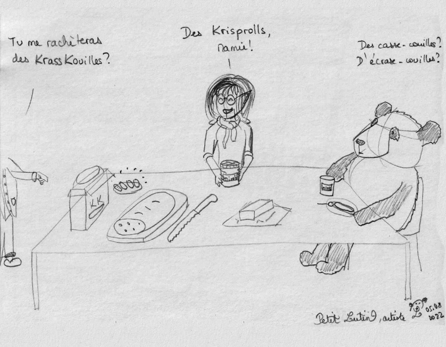 Mamie qui dit "Tu me rachèteras des KrassKouilles ?", Petit Lutin qui répond "des Krisprolls, Mamie !" et Moustache le panda qui cherche un jeu de mot "des casse-couilles ? d'écrase-couilles ?"