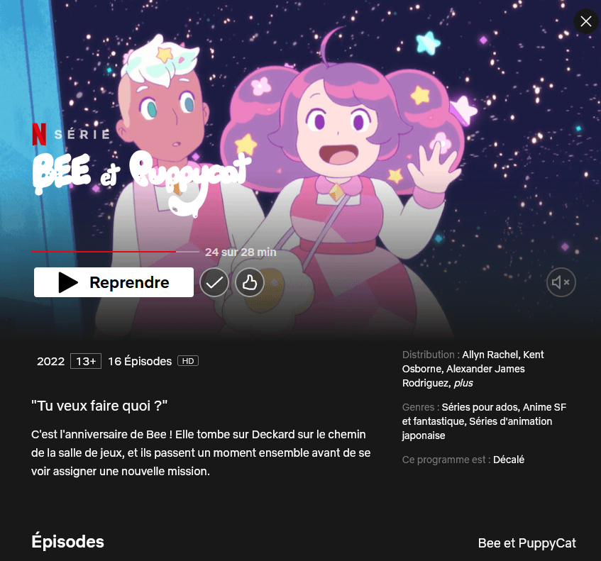 Capture d'écran de la description de la série "Bee and Puppycat" sur Netflix.
