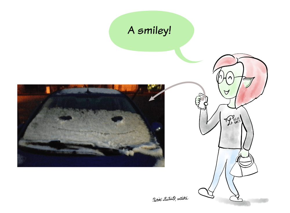 "A smiley!" shouts Petit Lutin, holding her smartphone in one hand and her handbag in the other. I added an actual picture of my car, and the smiley drawn on it is actually really cute.