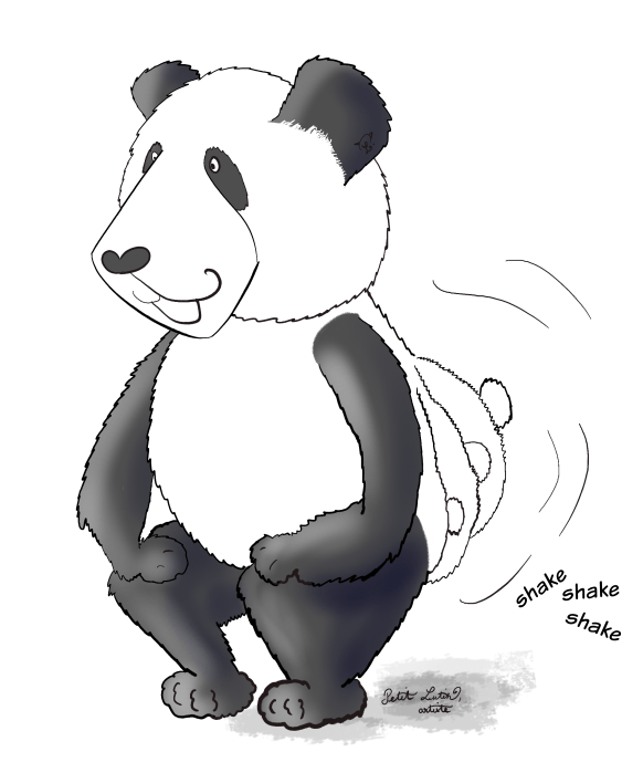Moustache le panda twerke, il remue ses fesses, en ayant les mains sur les genoux