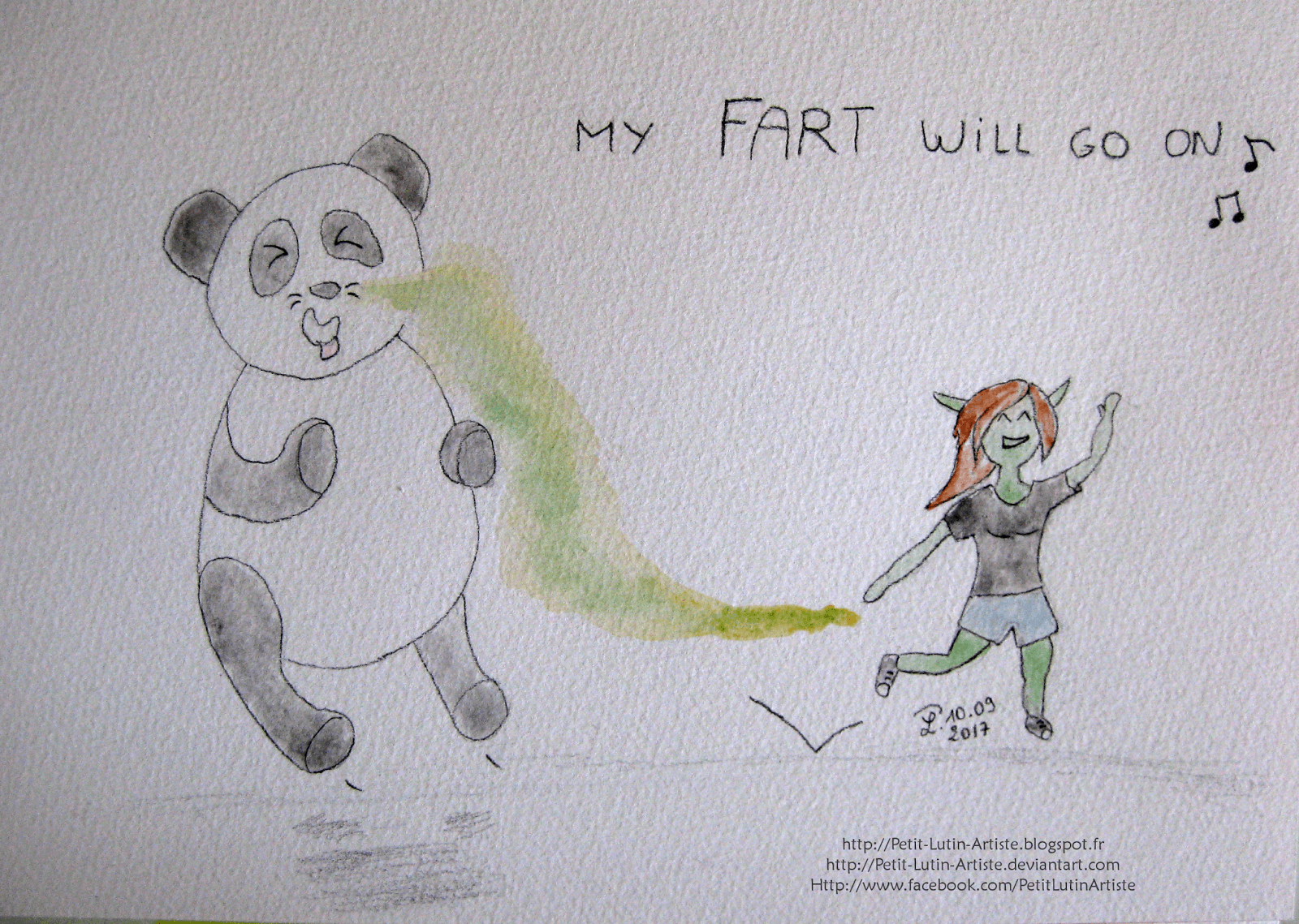 Aquarelle. Moustache est écoeuré par le pet de Petit Lutin, qui chante une parodie de Titanic, "My fart will go on"