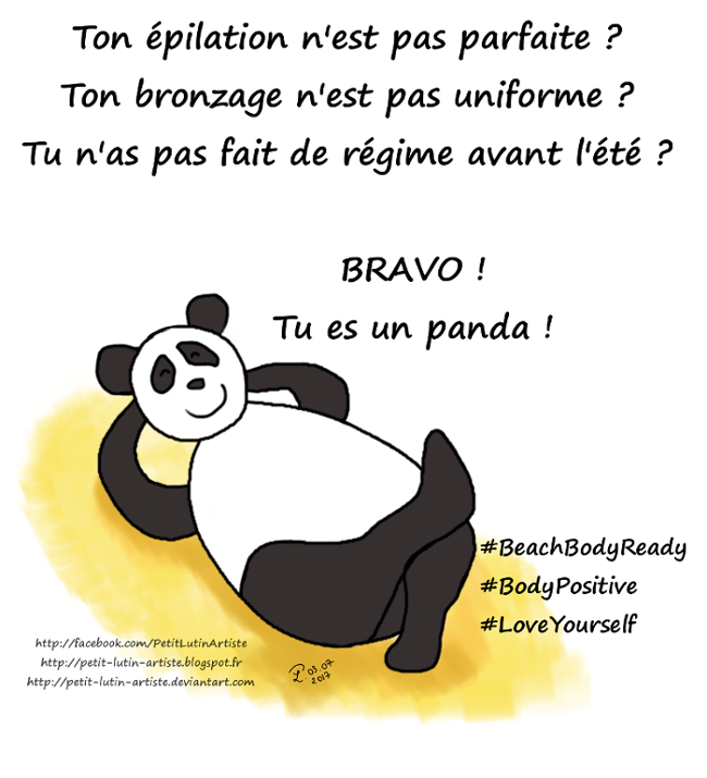 Case de BD de 2017 : Moustache le panda est sur la plage et dit 'Ton épilation n'est pas parfaite ? Ton bronzage n'est pas uniforme ? Tu n'as pas fait de régime avant l'été ? bravo ! Tu es un panda !'