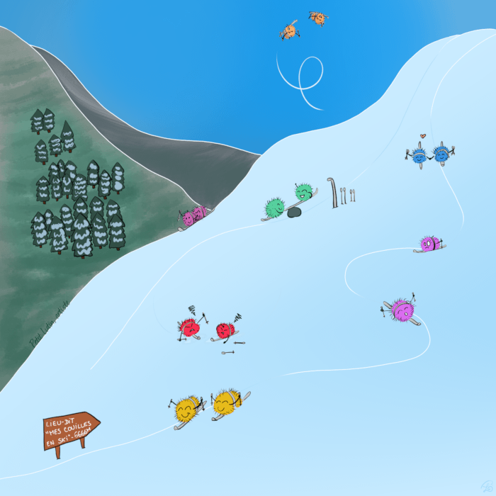 Cartoony illustration of colored fluffy balls who are on skis. They are represented like cute fluffy balls like on Miyazaki films. Each pair of them are on a different color. The red ones are arguing, the orange ones are looping in the air,the purple ones are having more or less fun, the blue ones are holding hands, the yellow ones are hands up, the green ones are playing, the pink ones are cuddling.
