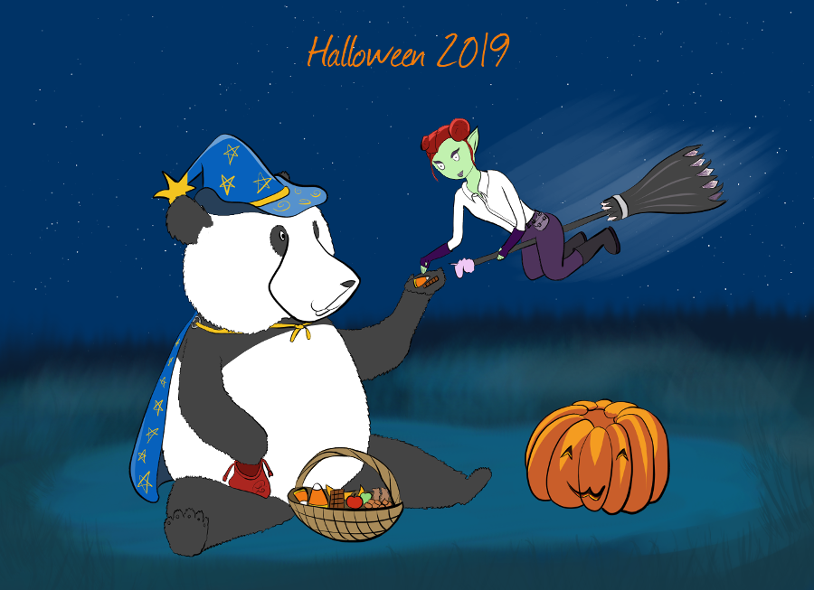 Même contenu mais version 2019, Moustache le panda ressemble un peu plus à un panda, sa fourrure est bien dessinée, il porte un chapeau et une cape de sorcier, Petit Lutin est sur son balai et elle tend la main vers la patte de Moustache pour attraper un bonbon et du chocolat.