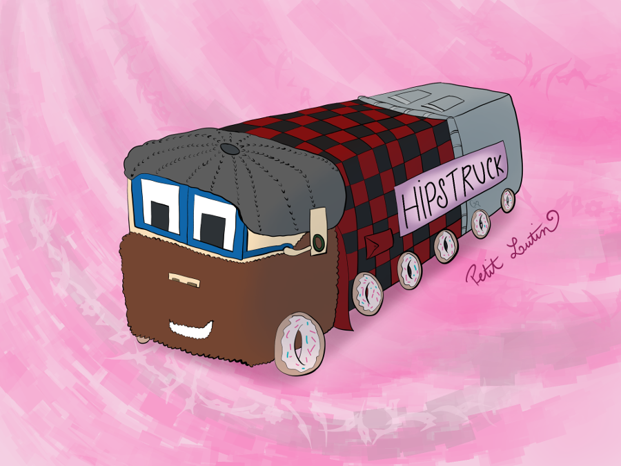 Illustration : un camion est dessiné façon dessin animé type Cars avec les yeux sur le pare-brise, et il porte une barbe, une chemise à carreaux rouges et noirs et un jean. Ses roues sont représentées avec des donuts.