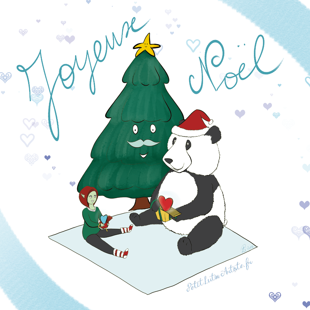 illustration de Noël : au pied d'un sapin moustachu, Petit Lutin et Moustache le panda ouvrent leur cadeau. Ils se sont mutuellement offert un coeur (symbole).