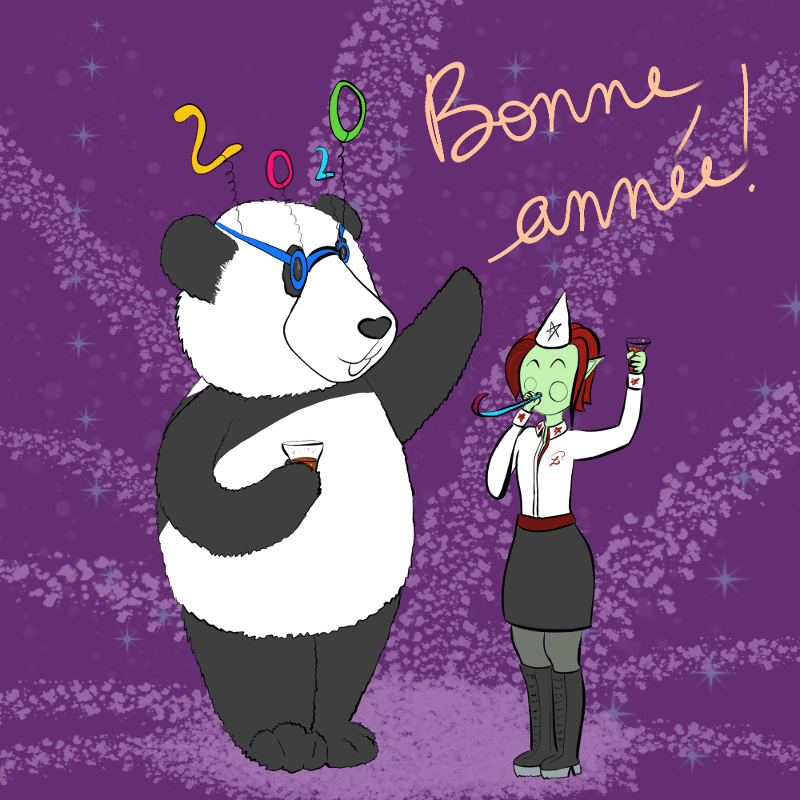 illustration : Moustache le panda et Petit Lutin en tenue de fête (chemise blanche, jupe noire et New Rock) ont un verre de coca à la main, et ils disent Bonne année 2020