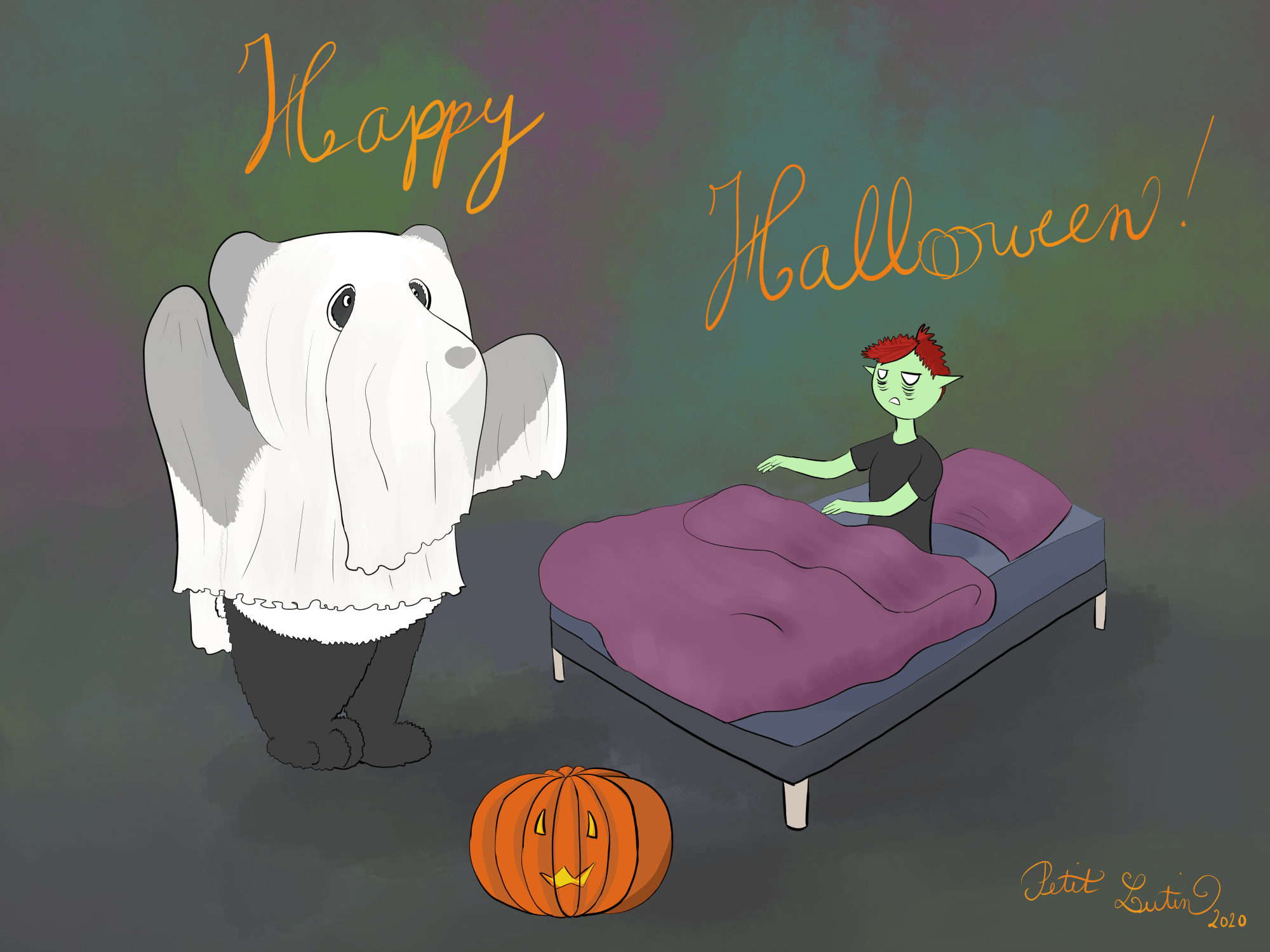 Moustache le panda est déguisé en fantôme pour Halloween. Petit Lutin est dans son lit, presque pas déguisée mais fait la zombie avec ses gros cernes sous les yeux et ses bras en avant.