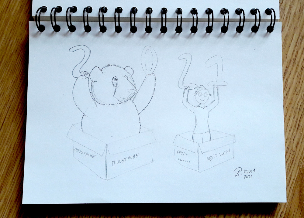 Photo d'un dessin où Petit Lutin et Moustache se tiennent dans des cartons de déménagement. On peut lire "Moustache" sur les côtés du carton de déménagement dans lequel se tient Moustache, et "Petit Lutin" pour Petit Lutin. Moustache tient des ballons en forme de 2 et de 0, et Petit Lutin tient des ballons de forme de 2 et de 1. Tout ça évoque le fait que je vous souhaite une bonne année 2021, et que pour moi l'année a commencé en déménageant.