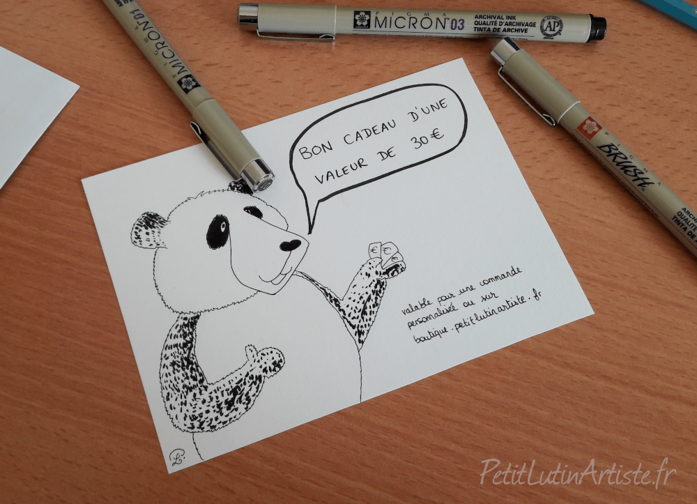 Moustache le panda qui illustre un bon cadeau sur la boutique ou pour une commande d'illustration personnalisée