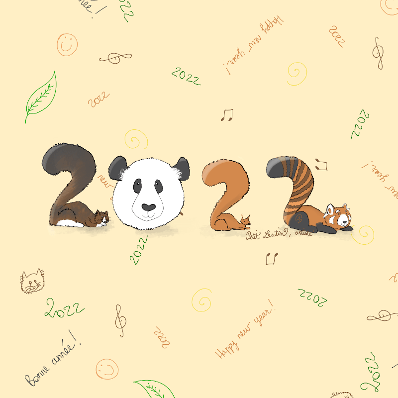 2022 écrit avec des formes d'animaux : la queue touffue d'un chat pour le 2, une tête de panda pour le 0, une queue touffue d'écureuil pour le 2, et une queue touffue de panda roux pour le 2