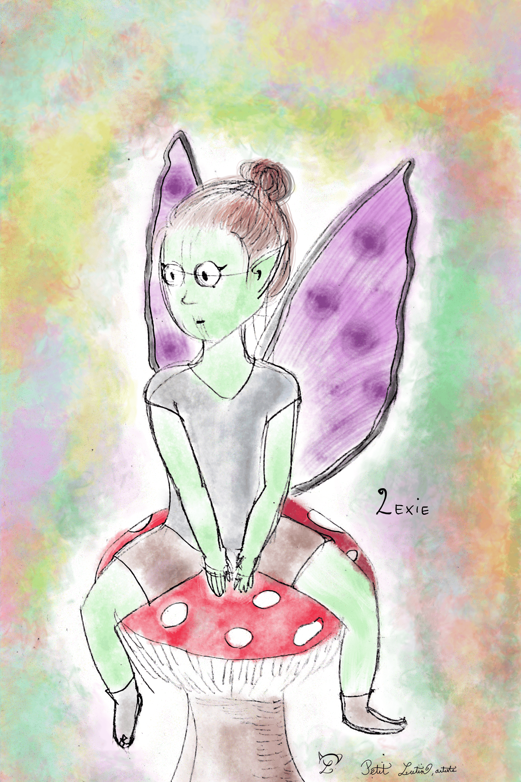 Le résultat en couleur : la fée a la peau verte, des cheveux chatains, un t-shirt gris, un short marron, et des ailes violettes (avec dessus des lignes et des cercles violet foncé). Le champignon sur lequel elle est assise est rouge avec des gros points blancs.red with white dots