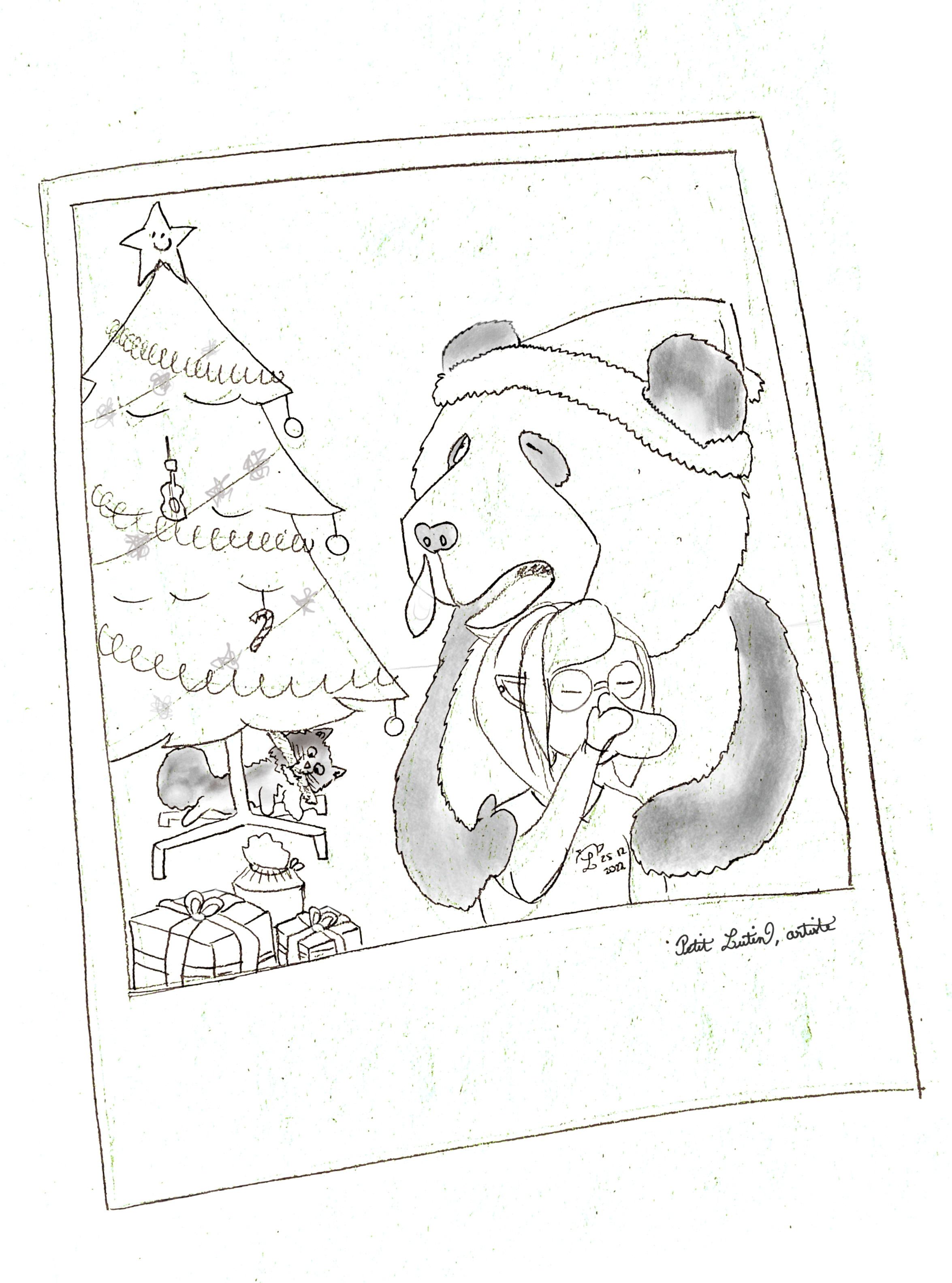 English: a black and white illustration looking like a polaroid photo, made with pencil paper. In the background, a Christmas tree with decorations. Symphonie, the long haired cat is chewing one of the branches. There are some wrapped gifts on the floor. On the foreground, I and Moustache the panda are posing for a photography. But we are both sick: I am blowing my nose in a tissue, and a huuuge drop of snots is escaping Moustache nose. His design is inspired by the Pokémon Cupchoo, a bear which has a cold. Français: une illustration en noir et blanc qui imite une photo de polaroid. En arrière-plan, un sapin de Noël décoré avec des cadeaux emballés à ses pieds. Symphonie, le chat à poils longs, est en train de machouiller une branche basse. Au premier plan, Moustache le panda qui porte un bonnet de Noël, et Petit Lutin devant lui essaient de poser pour une photo. Mais nous sommes tous les 2 malades : je me mouche dans un mouchoir, et lui a une énorme goutte de morve qui lui pend du nez (son design est inspiré du Pokémon Polarhume, un petit ours qui a une goutte de morve presque aussi grande que lui).