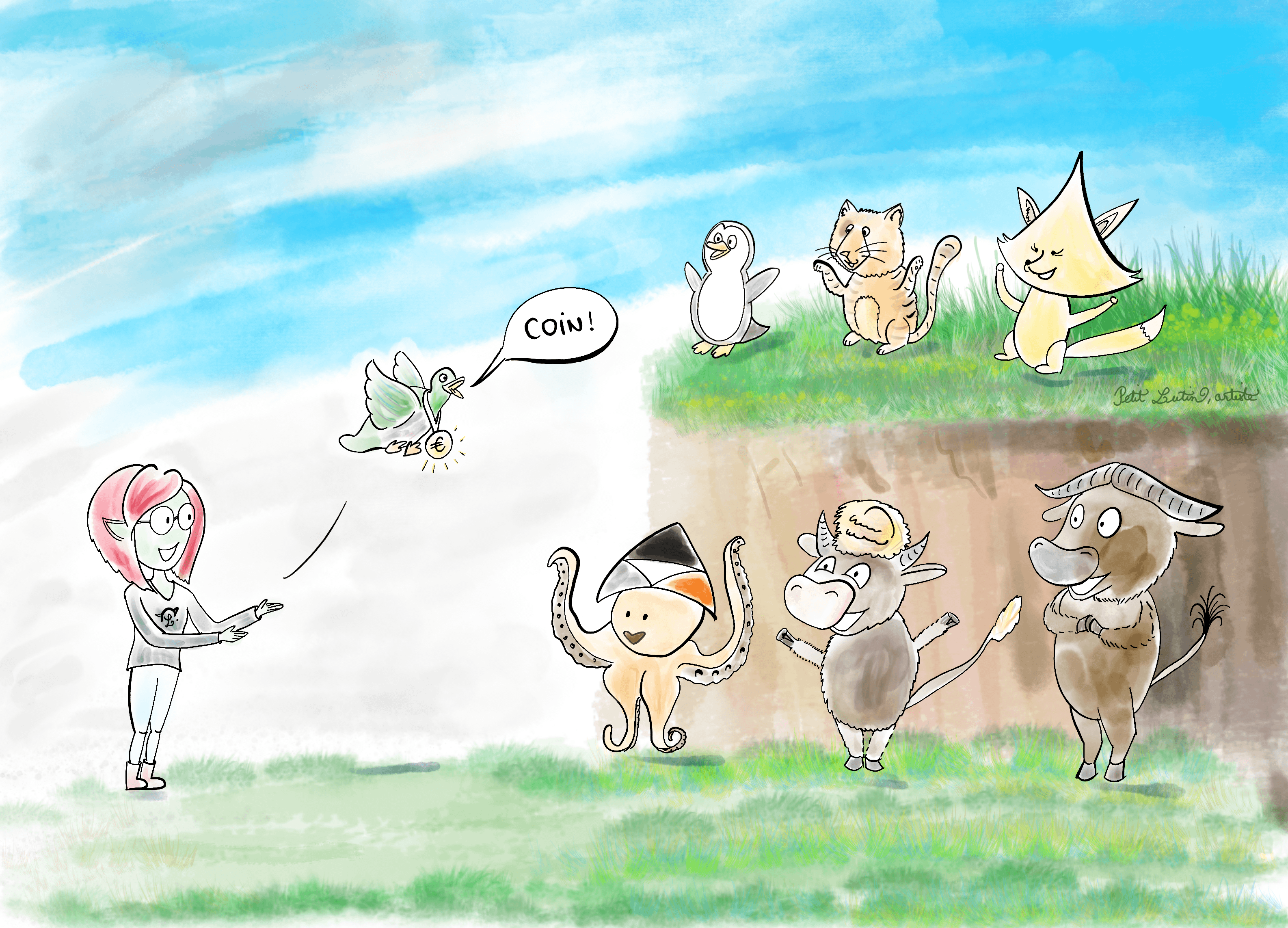 Français: illustration numérique painte façon aquarelle. A gauche, (je) Petit Lutin lance un canard joyeux dans les airs pour le faire s'envoler. Il porte une médaille autour du cou et il dit très fort"COIN !". Il vole vers Sepia (mascotte de Peertube), GNU, le Yack de Yakforms, Tux, un chat roux qui ressemble à Carrot pour les CHATONS (pardon David je l'ai un peu raté), et Rȯse, la mascotte de Mobilizon. Tout le monde sourit. Il y a un dégradé dans le ciel : à gauche c'est nuageux, et plus on se rapproche des joyeuses mascottes et plus le ciel se dégage et devient bleu ! English: digital watercolor illustration. On the left, I, Petit Lutin, throw a duck to the sky to make him fly. He is happy, he wears a medal with the euro symbol and he says the french qwack which is "coin". He is flying to Sepia, Peertube's mascot, the Yakforms' mascot, GNU, Tux, a red fur cat, and Rȯse, Mobilizon's mascot. Everybody's is happy. There is a color gradient in the sky: the more to the left it's cloudy and grey, the more to the right near the mascots it's a vivid blue.