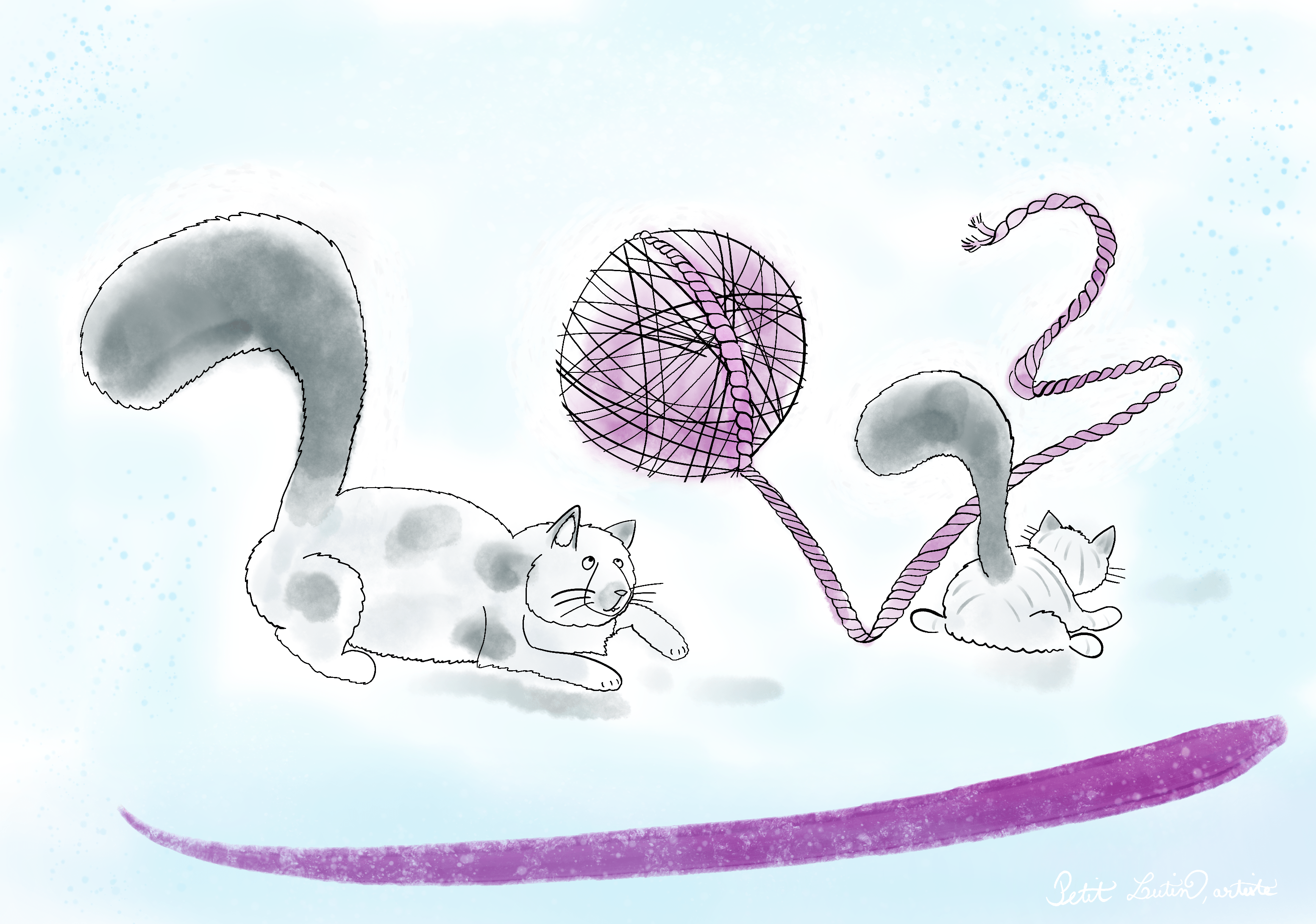 English: digital watercolor illustration where 2023 is written by a cat tail, a ball of yarn, another cat tail, and a yarn with fibers. The two cats are playing with the ball of yarn and the rest of yarn. Français: illustration à l'aquarelle numérique où 2023 est écrit en devinant les 2 à partir de queues de chat, le 0 est une pelote de fil, et le 3 est une extrémité de fil. Les chats jouent avec la pelote et le fil, ils courent après.