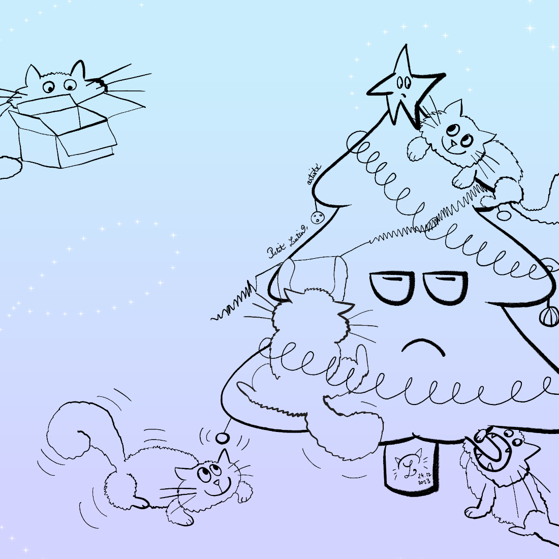 Fond d'écran illustré avec des chats qui font des bêtises dans un sapin de Noël