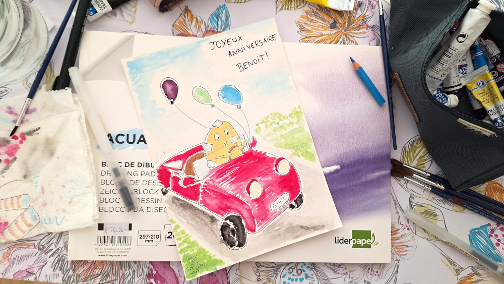 painting of a cookie driving a red convertible car