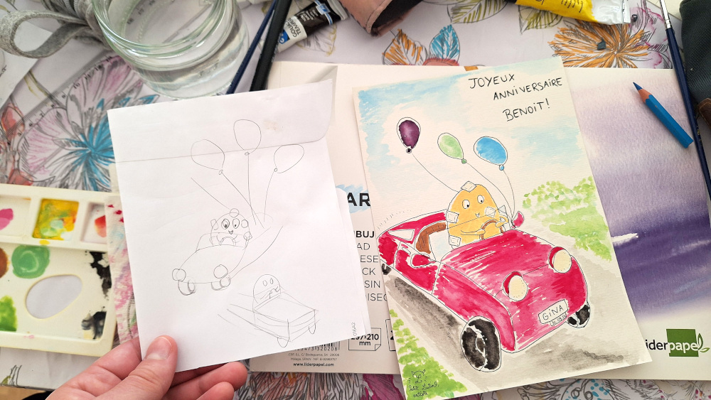 on the left, the very first drafts, on the right, the finished painting