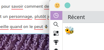 capture d'écran du panneau d'emojis de Kubuntu 22.04 avec une abeille, pour comparer avec celle de mon navigateur