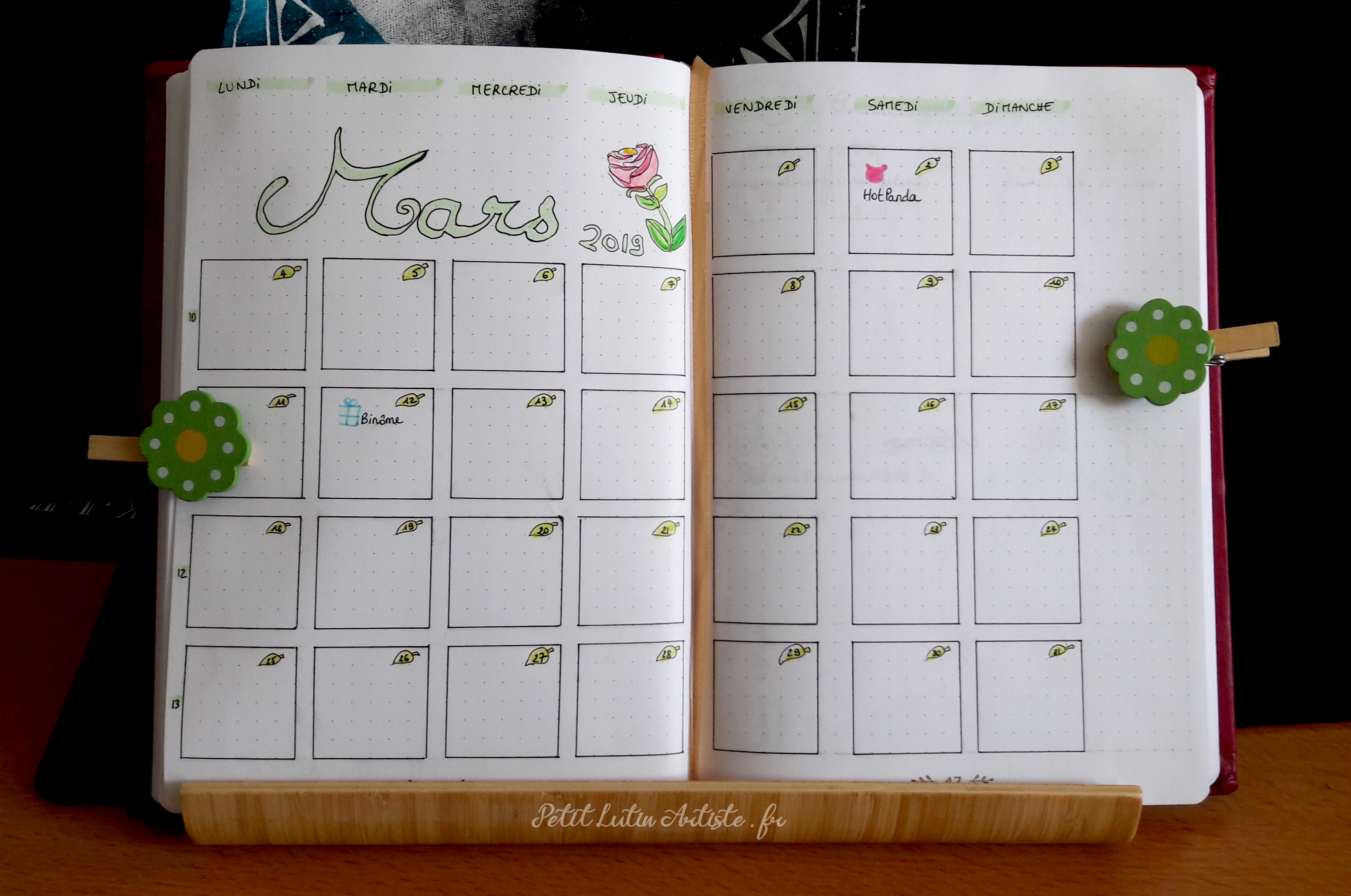Belette Journal, mon bullet journal de mars 2019 - calendrier mensuel