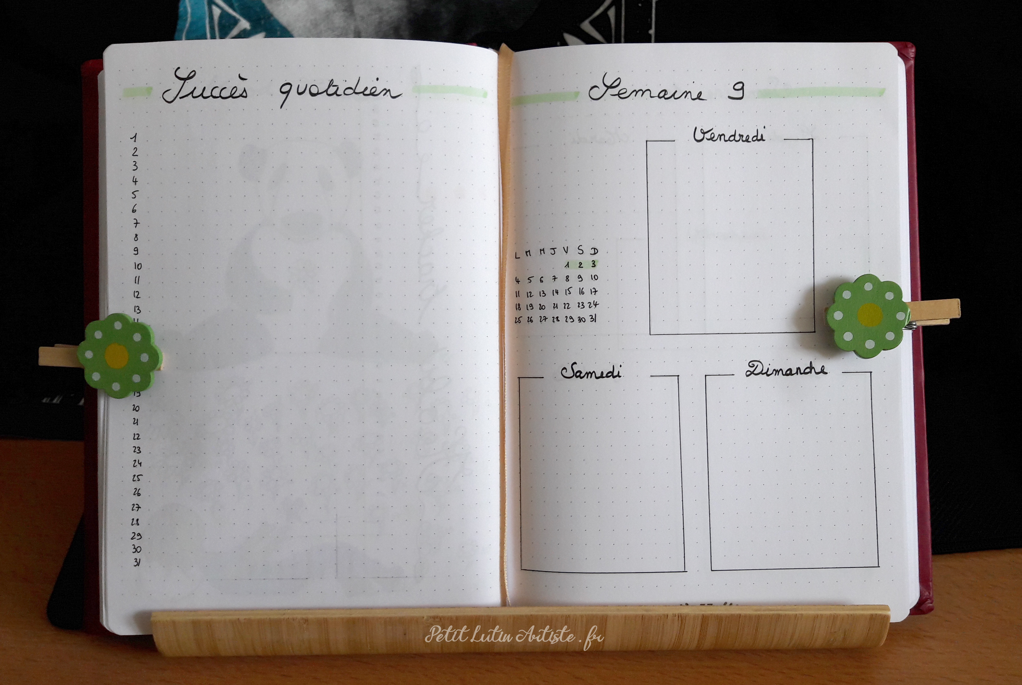 Belette Journal, mon bullet journal de mars 2019 - à gauche liste succès quotidien, à droite fin première semaine de mars