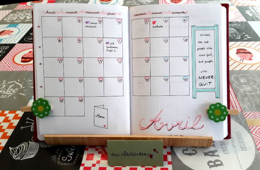 Belette Journal, mon bullet journal d'avril 2019 - calendrier mensuel