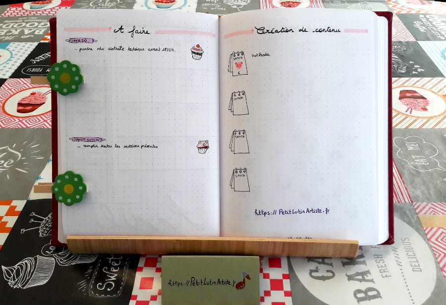 Belette Journal, mon bullet journal d'avril 2019 - to-do list perso et pour petit Lutin, à droite calendrier éditorial
