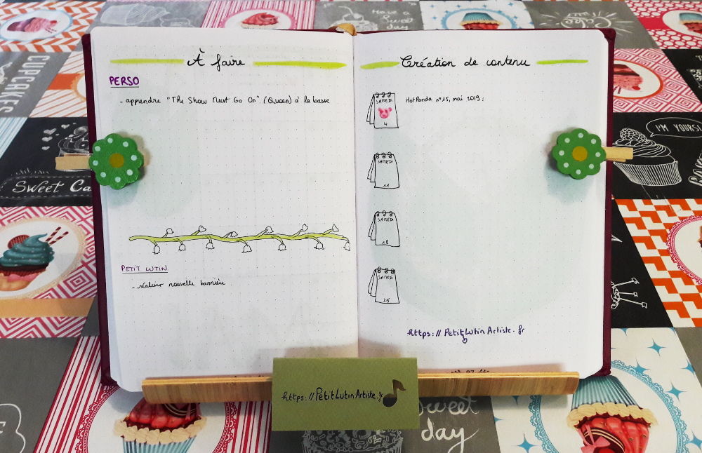 Belette Journal, mon bullet journal de mai 2019 - to-do list perso et pour petit Lutin, à droite calendrier éditorial