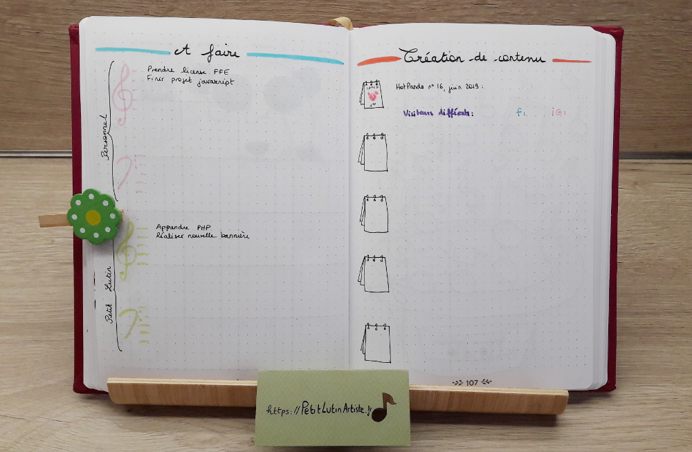 Belette Journal, mon bullet journal de juin 2019 - to-do list perso et pour petit Lutin, à droite calendrier éditorial