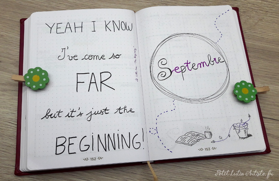 Belette Journal, mon bullet journal de aout 2019, page de gauche j'ai écrit 'holidays with ice', et à droite aquarelle de Petit Lutin et Moustache en train de se baigner
