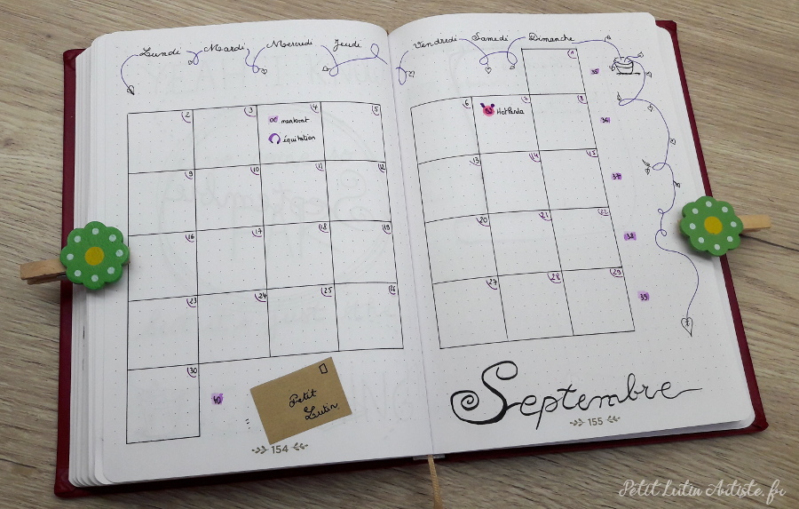 Belette Journal, mon bullet journal de aout 2019 - calendrier mensuel