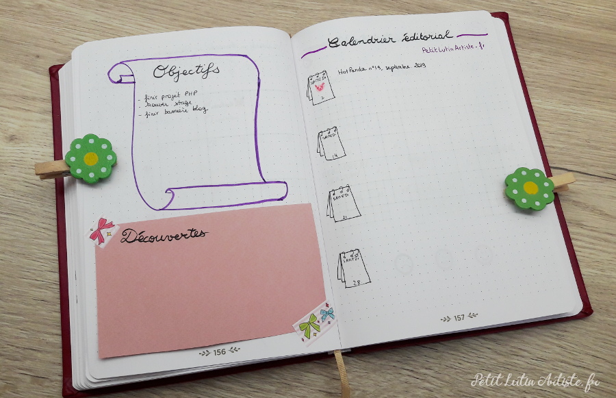 Belette Journal, mon bullet journal de septembre 2019 - to-do list perso et pour petit Lutin, à droite calendrier éditorial
