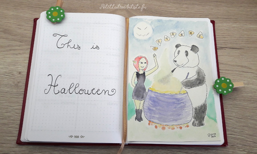 Belette Journal, mon bullet journal d'octobre 2019, page de gauche j'ai écrit 'this is halloween',
et à droite aquarelle de Petit Lutin et Moustache autour d'un chaudron forge mystique