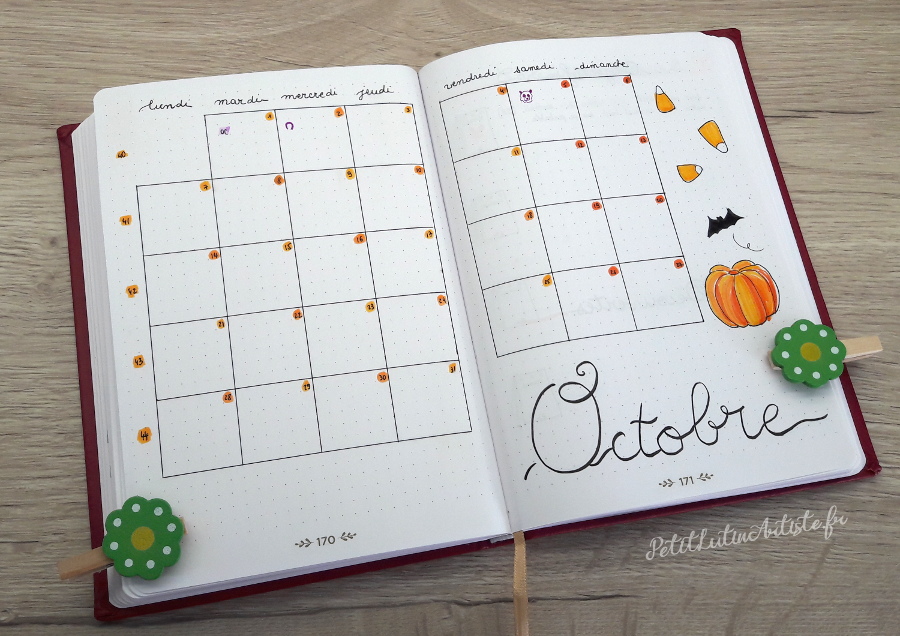 Belette Journal, mon bullet journal d'octobre 2019, calendrier mensuel