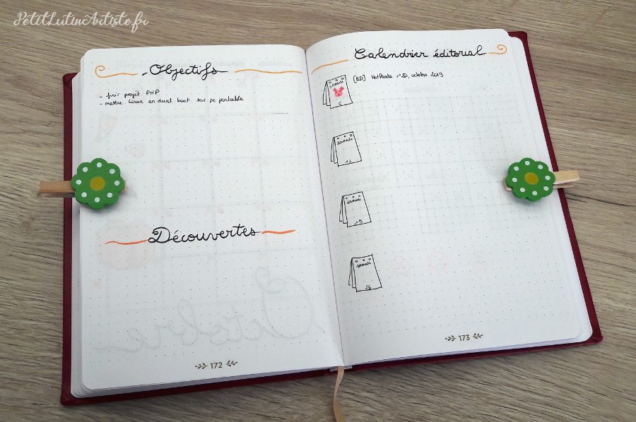 Belette Journal, mon bullet journal d'octobre 2019, page de gauche mes objectifs et découvertes, page de droite le calendrier éditorial de ce blog