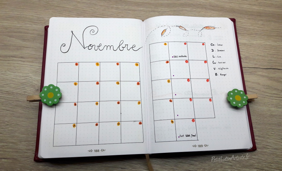 Belette Journal, mon bullet journal de novembre 2019, calendrier mensuel