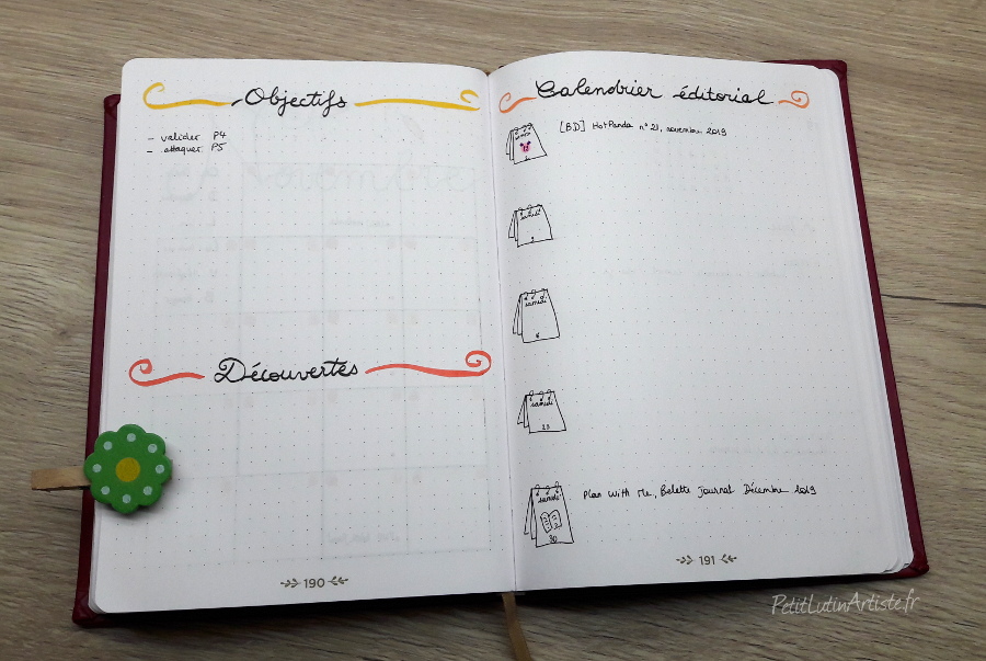 Belette Journal, mon bullet journal de novembre 2019, page de gauche mes objectifs et découvertes, page de droite le calendrier éditorial de ce blog