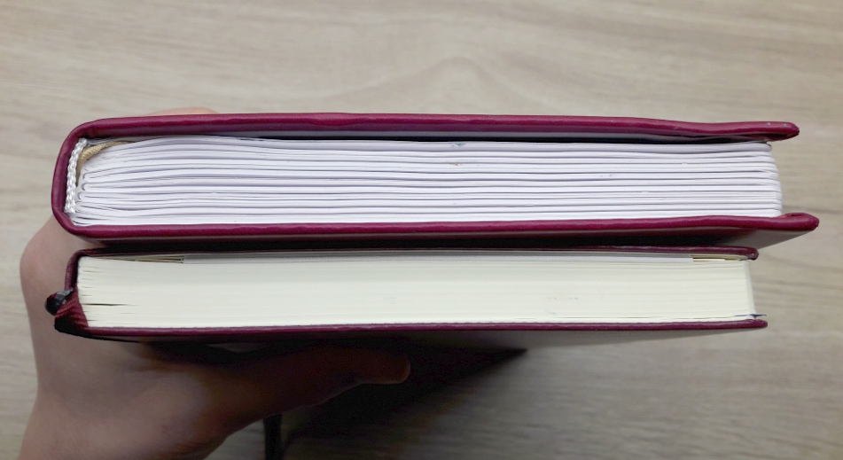 photo : comparaison entre le Quo Vadis Life Journal qui est plus épais que le Leuchtturm 1917 alors qu'il comporte moins de pages