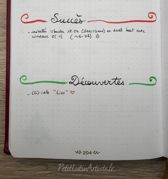 photo de mon bullet journal en décembre 2019 : j'ai découvert "Lion" de (G)-idle et j'ai réussi à installer Ubuntu 18.04 en dual boot avec Windows 8.1